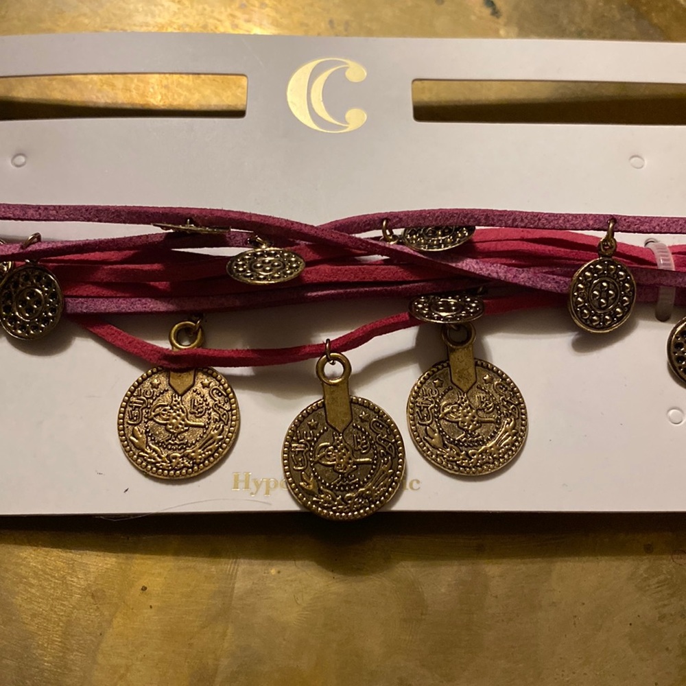 NWT Faux Pink Leather Wrap Choker with Boho Medallions